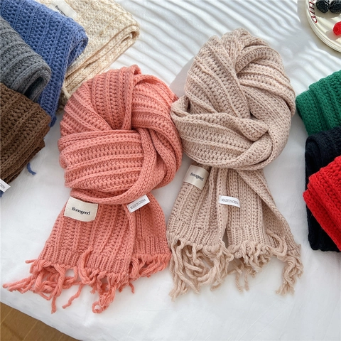 Knitted Tassel Scarf Polyester Thick Soft Warm Solid Color Minimalist Cold Weather Winter Neck Warmer For Women Men