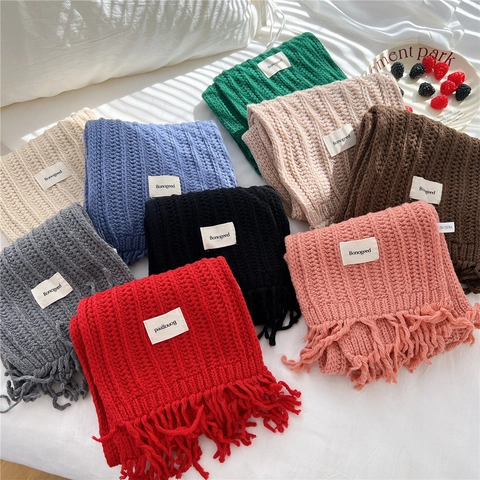 Knitted Tassel Scarf Polyester Thick Soft Warm Solid Color Minimalist Cold Weather Winter Neck Warmer For Women Men