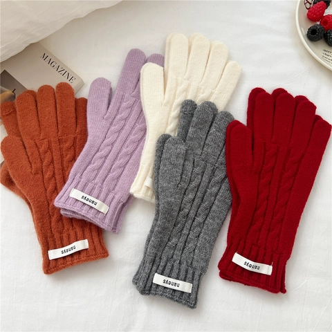 Guantes De Punto De Torsión Cálidos Gruesos Invierno Mezcla De Lana Estilo Estudiante Color Sólido Para Mujeres