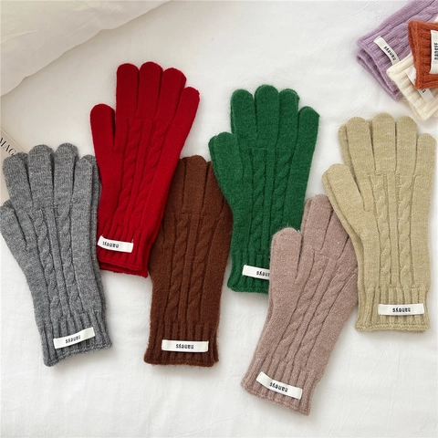 Guantes De Punto De Torsión Cálidos Gruesos Invierno Mezcla De Lana Estilo Estudiante Color Sólido Para Mujeres