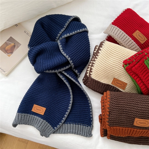 Long Winter Knit Scarf Contrast Color Soft Warm Acrylic Wool Scarf Korean Style Thick Chunky Neck Warmer For Women Men