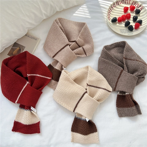 Striped Knitted Scarf Warm Polyester Chunky Knit Pull Through Cross Design Neck Warmer For Women Japanese Style Simple