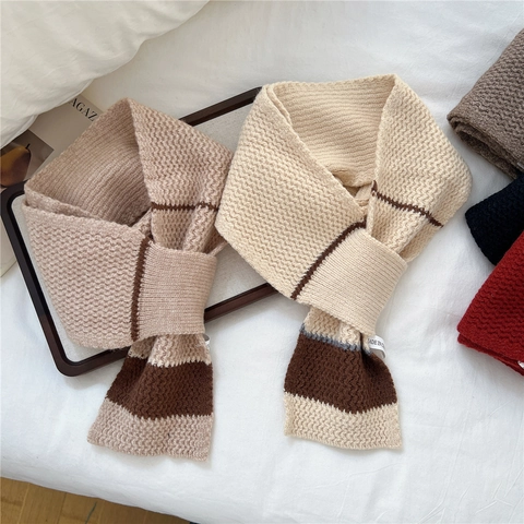 Striped Knitted Scarf Warm Polyester Chunky Knit Pull Through Cross Design Neck Warmer For Women Japanese Style Simple