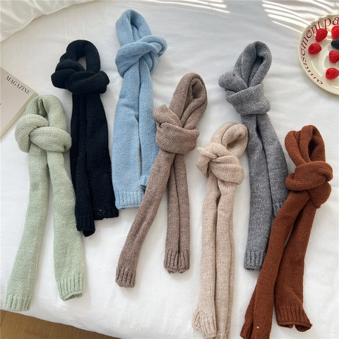 Bufanda De Punto Color Sólido Suave Cálida Estrecha Larga Mezcla De Lana Moda De Invierno Envoltura De Cuello Elegante