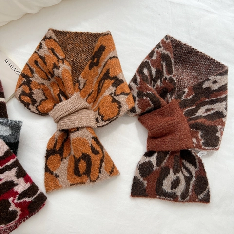Leopard Print Knitted Pull Through Scarf Warm Winter Neck Warmer Cross Design Soft Thick Animal Pattern For Women