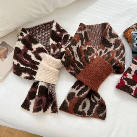 Leopard Print Knitted Pull Through Scarf Warm Winter Neck Warmer Cross Design Soft Thick Animal Pattern For Women