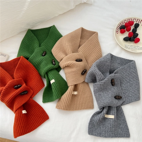 Pure Wool Knitted Neck Warmer Scarf With Wooden Toggle Buttons Winter Warm Ribbed Short Muffler For Women