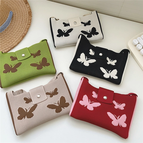 Knit Butterfly Crossbody Bag Polyester Crochet Small Square Phone Pouch Magnetic Buckle Casual Sweet Style Women