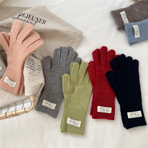 Guantes De Punto De Invierno Para Mujer Gruesos Cálidos Cinco Dedos Color Sólido Parche Decoración Ciclismo Térmicos