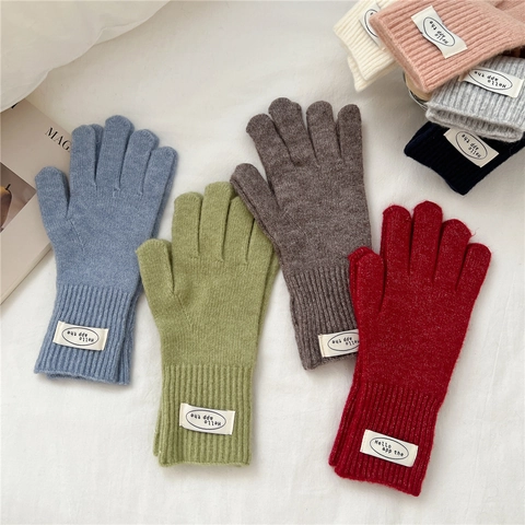 Guantes De Punto De Invierno Para Mujer Gruesos Cálidos Cinco Dedos Color Sólido Parche Decoración Ciclismo Térmicos