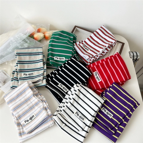 Striped Knitted Arm Sleeves Sun Protection Ribbed Elastic Driving Cycling Warmers For Women Thumb Hole Decorative