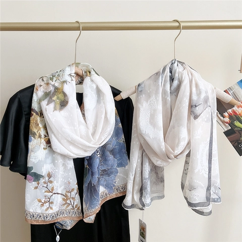 Women Long Scarf Polyester Satin Feel Printed Shawl Sun Protection Thin Breathable Chinese Style Floral Artistic Elegant