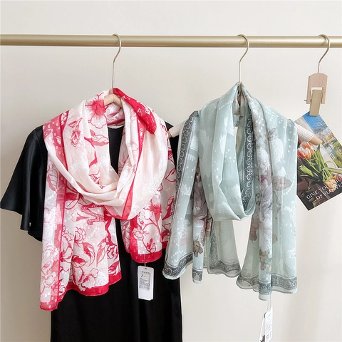 Women Long Scarf Polyester Satin Feel Printed Shawl Sun Protection Thin Breathable Chinese Style Floral Artistic Elegant