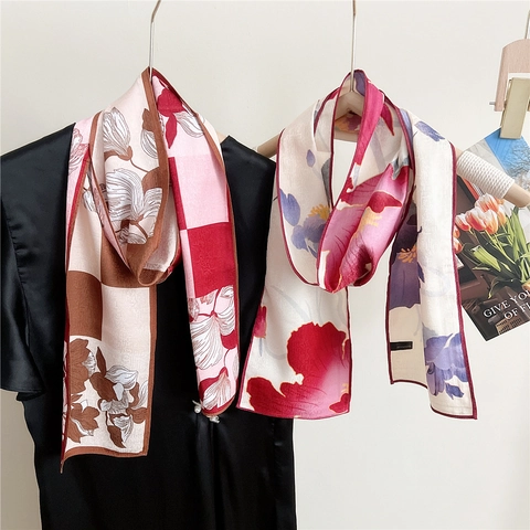 Sciarpa Lunga Stretta Raso Di Poliestere Double Face Stampa Floreale Geometrica Twilly Manico Borsa Nastro Capelli Donna
