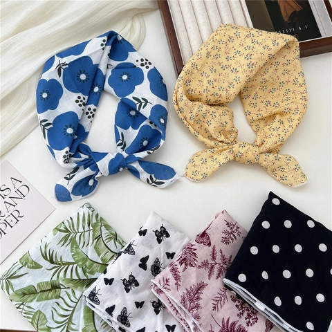 Cotton Viscose Printed Square Scarf Polka Dot Floral Butterfly Fashion Headband Necktie For Women