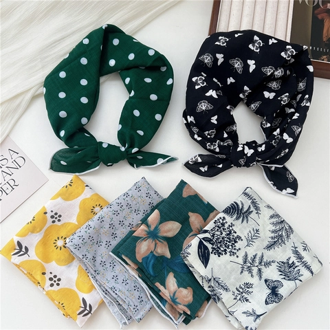Cotton Viscose Printed Square Scarf Polka Dot Floral Butterfly Fashion Headband Necktie For Women