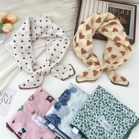 Floral Cotton Square Scarf Breathable Headscarf Necktie With Crochet Lace Trim Vintage Decorative Accessory For Women