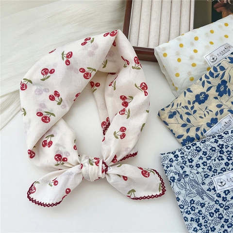 Floral Cotton Square Scarf Breathable Headscarf Necktie With Crochet Lace Trim Vintage Decorative Accessory For Women