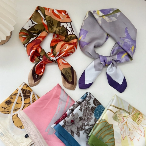 Floral Print Square Scarf Satin Like Polyester Satin Bandana Retro Elegant Neck Head Wrap Fashion Accessory For Women