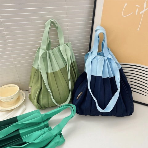 Borsa a Tracolla Plissettata a Maglia da Donna Colore a Contrasto Borsa Tote Pieghevole Stile Organo Borsa da Shopping Casual Viaggio