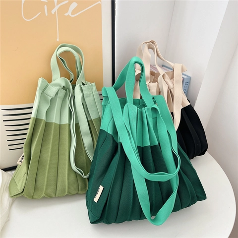 Borsa a Tracolla Plissettata a Maglia da Donna Colore a Contrasto Borsa Tote Pieghevole Stile Organo Borsa da Shopping Casual Viaggio