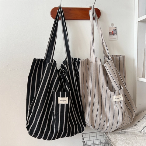 Grand Sac Cabas En Toile À Rayures Verticales Sac À Épaule Avec Poche Extérieure Style Français Pour Femmes Étudiantes
