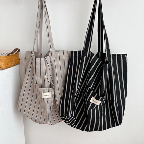 Grand Sac Cabas En Toile À Rayures Verticales Sac À Épaule Avec Poche Extérieure Style Français Pour Femmes Étudiantes
