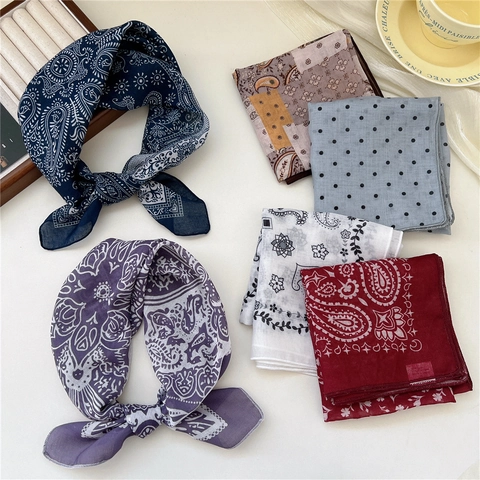 Femme Carré Écharpe Coton Lin Rétro Français Paisley Polka Dot Imprimé Bandeau Accessoire Cou Petit Foulard Léger