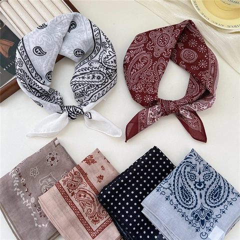 Femme Carré Écharpe Coton Lin Rétro Français Paisley Polka Dot Imprimé Bandeau Accessoire Cou Petit Foulard Léger