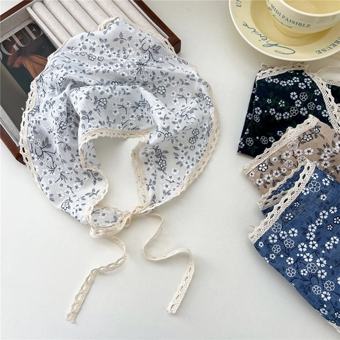 Vintage Floral Triangle Scarf Cotton Linen Lace Trim Headband Hair Band Neck Wrap For Women French Pastoral Style