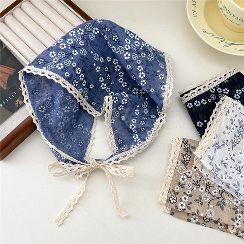 Vintage Floral Triangle Scarf Cotton Linen Lace Trim Headband Hair Band Neck Wrap For Women French Pastoral Style