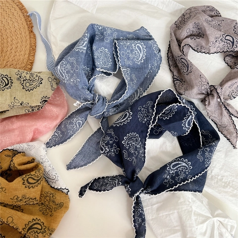 Women Paisley Print Triangle Scarf Cotton Linen Breathable Neck Neckerchief Headband Scalloped Edge Vintage Accessory
