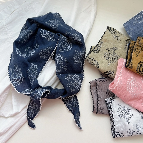 Women Paisley Print Triangle Scarf Cotton Linen Breathable Neck Neckerchief Headband Scalloped Edge Vintage Accessory