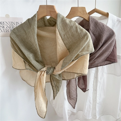 Sciarpa Da Donna In Cotone E Lino Bicolore Scialle Traspirante Protezione Solare Con Bordo In Pizzo All'uncinetto Elegante