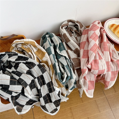 Sciarpa In Cotone E Lino A Quadri Da Donna Scialle Lungo Leggero Traspirante Stile Giapponese Retrò Accessorio Versatile