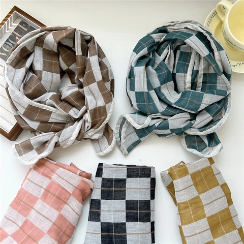 Sciarpa In Cotone E Lino A Quadri Da Donna Scialle Lungo Leggero Traspirante Stile Giapponese Retrò Accessorio Versatile