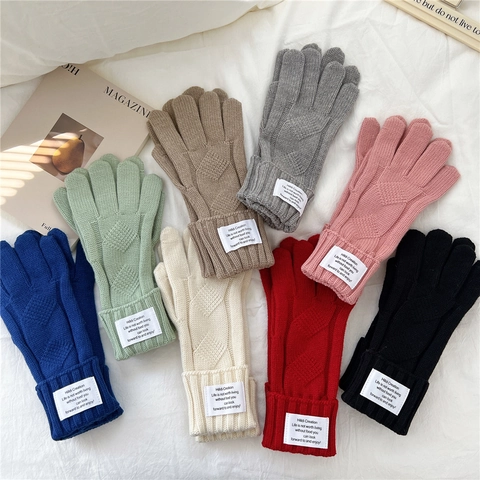Guantes De Punto De Invierno Para Mujer Cálidos De Punto De Ocho Estilo INS Coreano Etiqueta Blanca Decorativa Color Sólido Suave