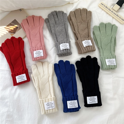 Guantes De Punto De Invierno Para Mujer Cálidos De Punto De Ocho Estilo INS Coreano Etiqueta Blanca Decorativa Color Sólido Suave