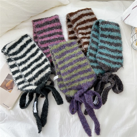 Gestreepte Gebreide Sjaal Met Bandjes Warme Winter Pluche Nekwarmer Hoofddoek Koreaanse Stijl Zoet Voor Dames