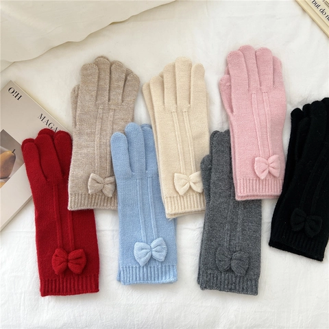Gants Tricotés Hiver Chauds Compatibles Écran Tactile Noeud Mignon Style Coréen Moufles Cinq Doigts Pour Femmes