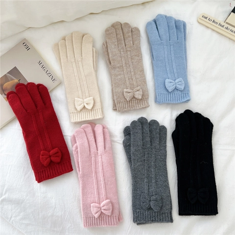 Gants Tricotés Hiver Chauds Compatibles Écran Tactile Noeud Mignon Style Coréen Moufles Cinq Doigts Pour Femmes