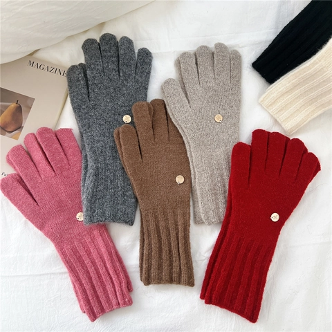 Winter Knitted Gloves Women Thick Warm Wool Blend Thermal Full Finger Long Ribbed Cuff Metal Badge Decor