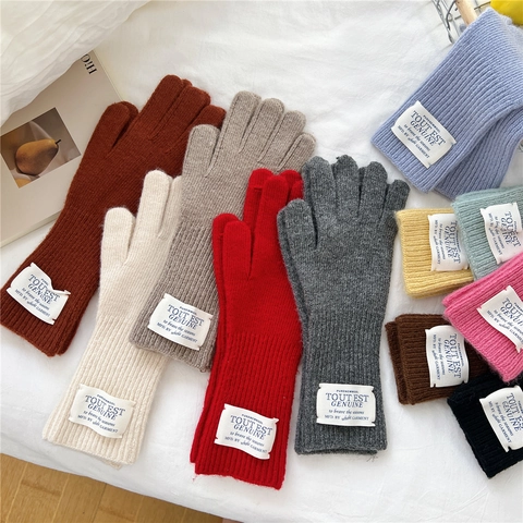 Winter Warm Knitted Wool Blend Gloves Full Finger Ribbed Cuff Decorative Patch Solid Color For Women