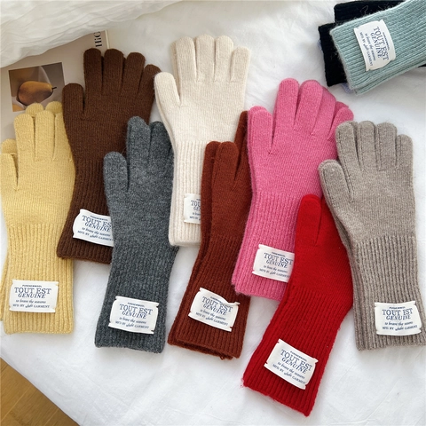 Winter Warm Knitted Wool Blend Gloves Full Finger Ribbed Cuff Decorative Patch Solid Color For Women