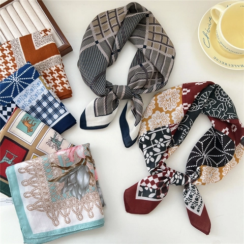 Foulard Quadrato Stampa Vintage Donna Misto Cotone Lino Sciarpa Moda Decorazione Ufficio Capelli Borsa