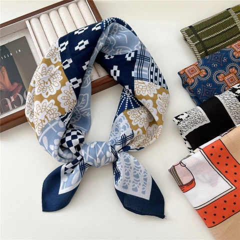 Foulard Quadrato Stampa Vintage Donna Misto Cotone Lino Sciarpa Moda Decorazione Ufficio Capelli Borsa