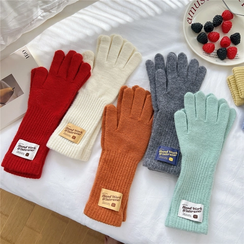 Guantes De Punto De Invierno Para Mujer Gruesos Cálidos Ciclismo Pantalla Táctil Guantes Dedos Color Sólido Parche Oso Lindo