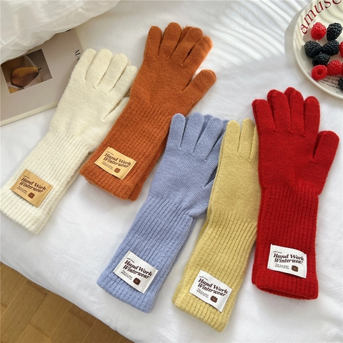 Guantes De Punto De Invierno Para Mujer Gruesos Cálidos Ciclismo Pantalla Táctil Guantes Dedos Color Sólido Parche Oso Lindo