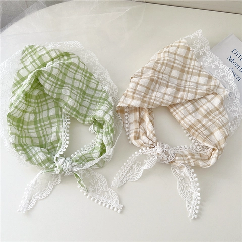 Bandana Triangulaire À Carreaux Bordure En Dentelle Foulard Cheveux Avec Pompons Coton Lin Style Cottagecore Pour Femmes