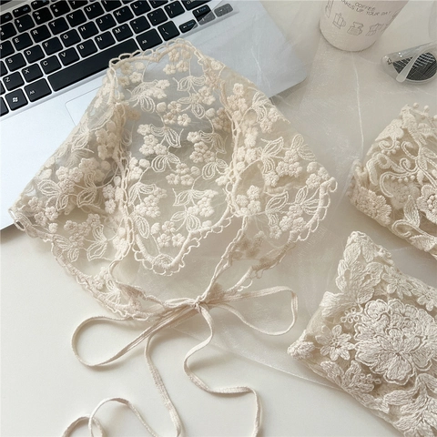 Foulard Triangle En Dentelle Broderie Florale Bandana En Maille Avec Bretelles Style Pastoral Rétro Pour Femmes